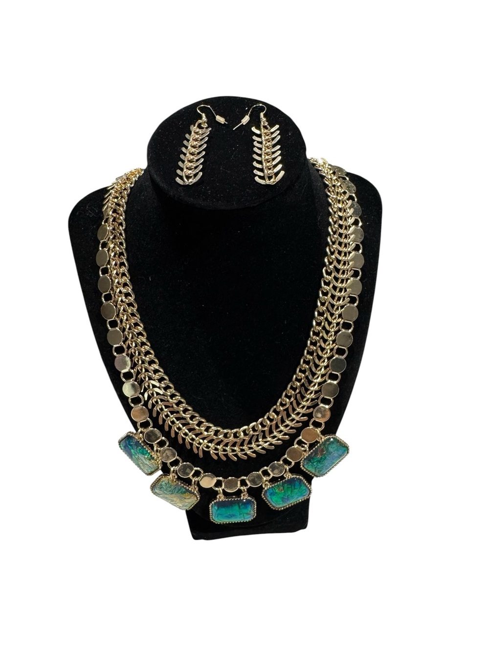 Mika Gold-Tone Layered Necklace with Iridescent Green Stones & Matching Earrings - Picture 7 of 7